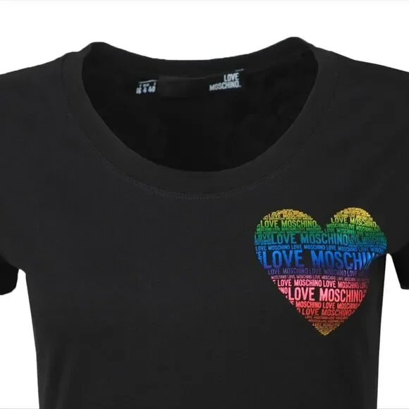 NEW Love Moschino Rainbow Foil Heart Logo Tee Black Size 2 - Picture 2 of 10